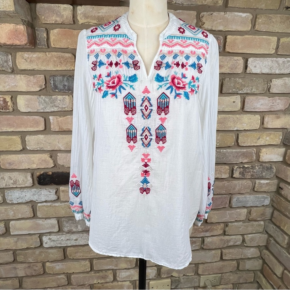 JOHNNY WAS white embroidered popover long sleeve top - AS IS
